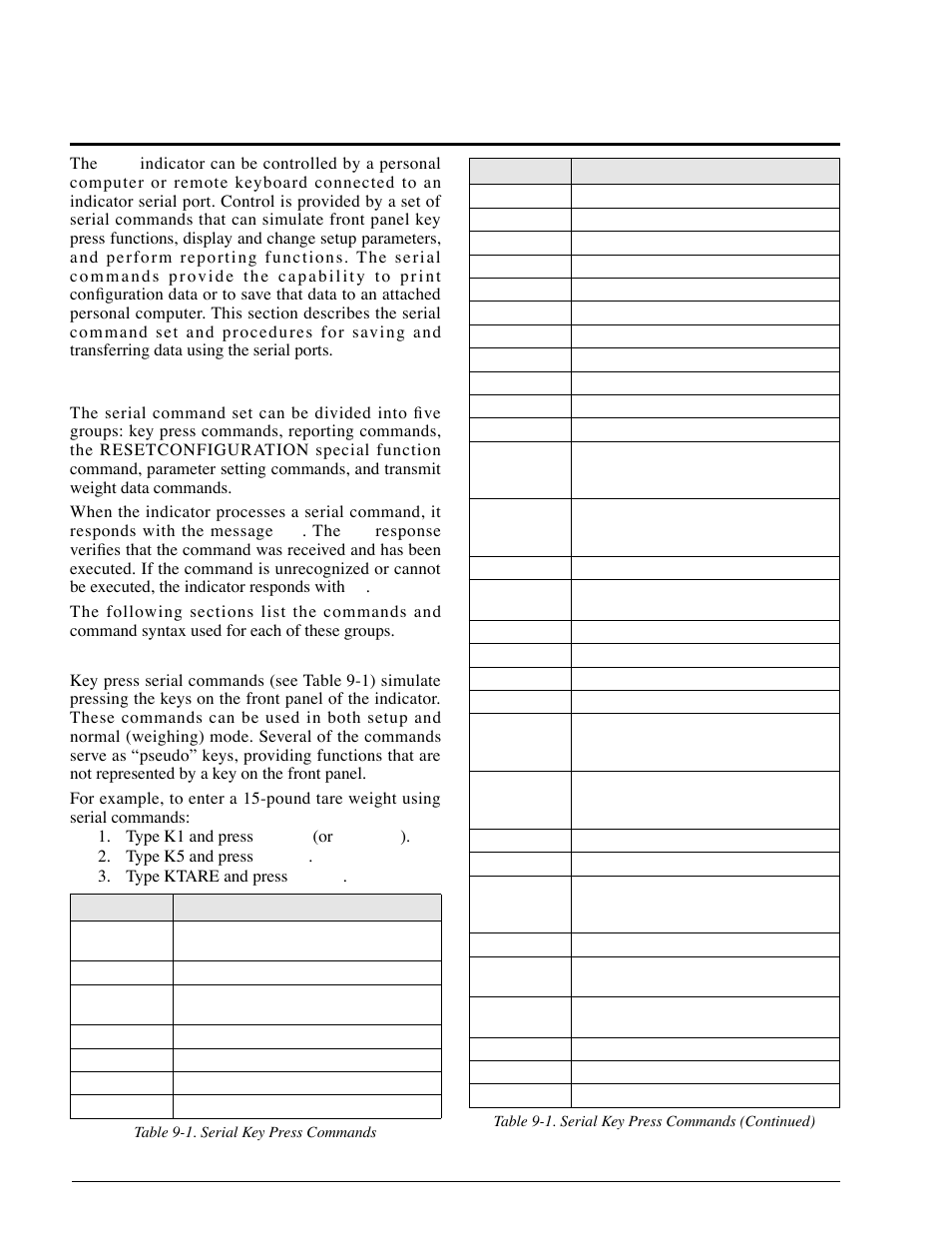 0 serial commands, 1 the serial command set, 1 key press commands | 0 serial, Commands, Key press commands, Described in section 9.0 or the | Rice Lake 920i Installation Manual V2.0 User Manual | Page 82 / 118
