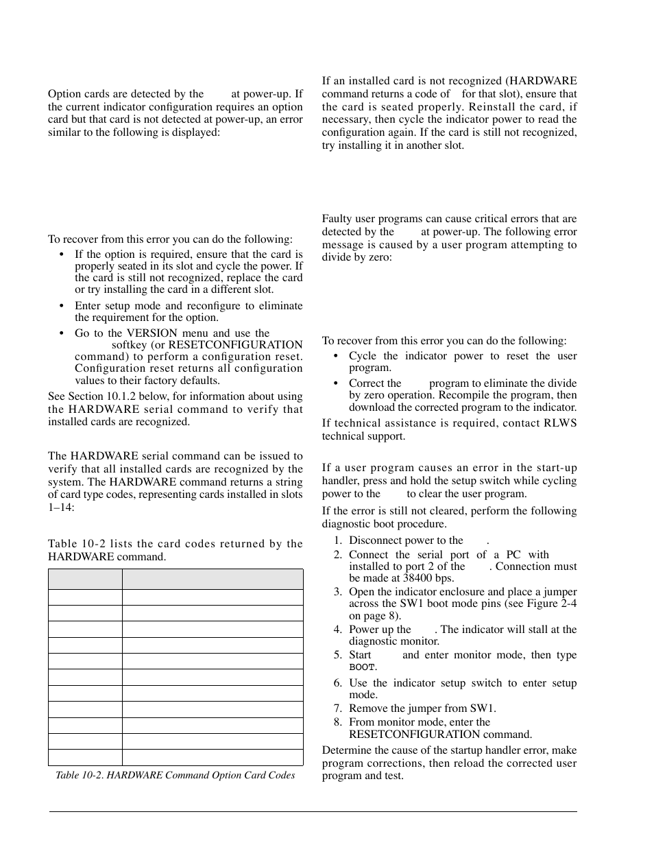 1 option card diagnostic errors, 2 using the hardware command, 3 user program diagnostic errors | Option card diagnostic errors, Using the hardware command, User program diagnostic errors | Rice Lake 920i Installation Manual V2.0 User Manual | Page 98 / 118