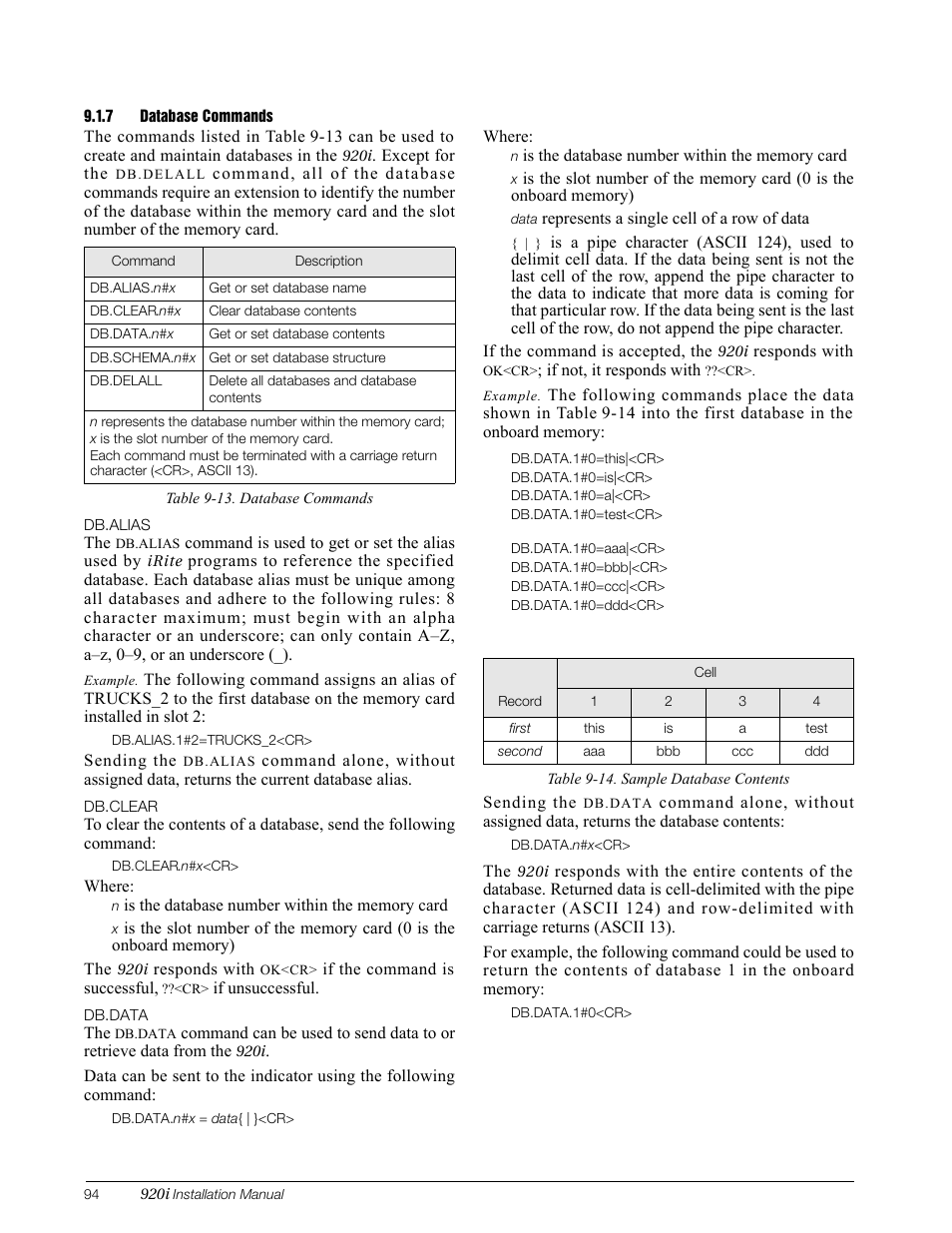 7 database commands, Database commands | Rice Lake 920i Installation Manual V3.05 User Manual | Page 100 / 130