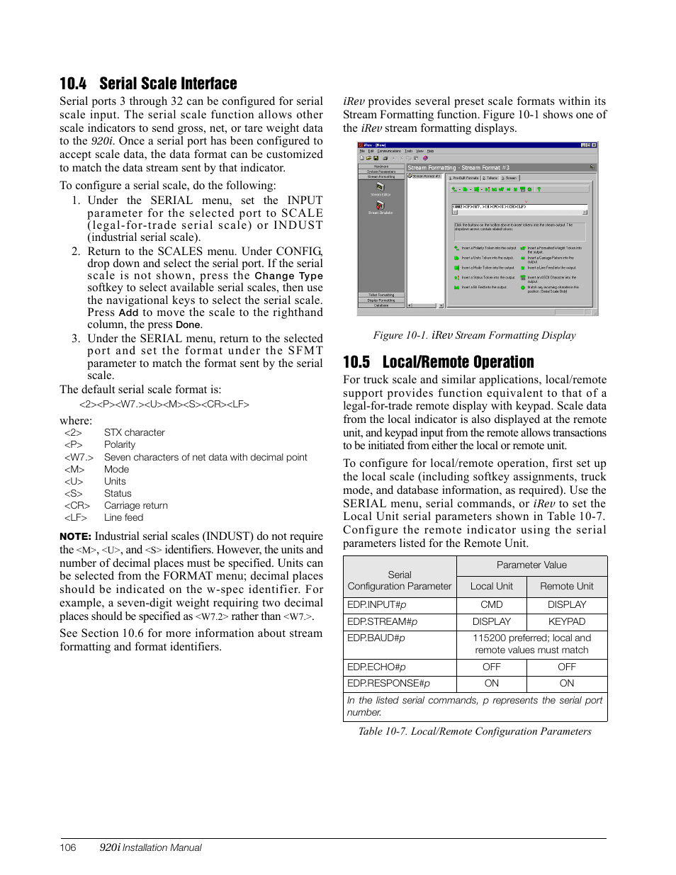 4 serial scale interface, 5 local/remote operation, Section 10.5 on | Rice Lake 920i Installation Manual V3.05 User Manual | Page 112 / 130