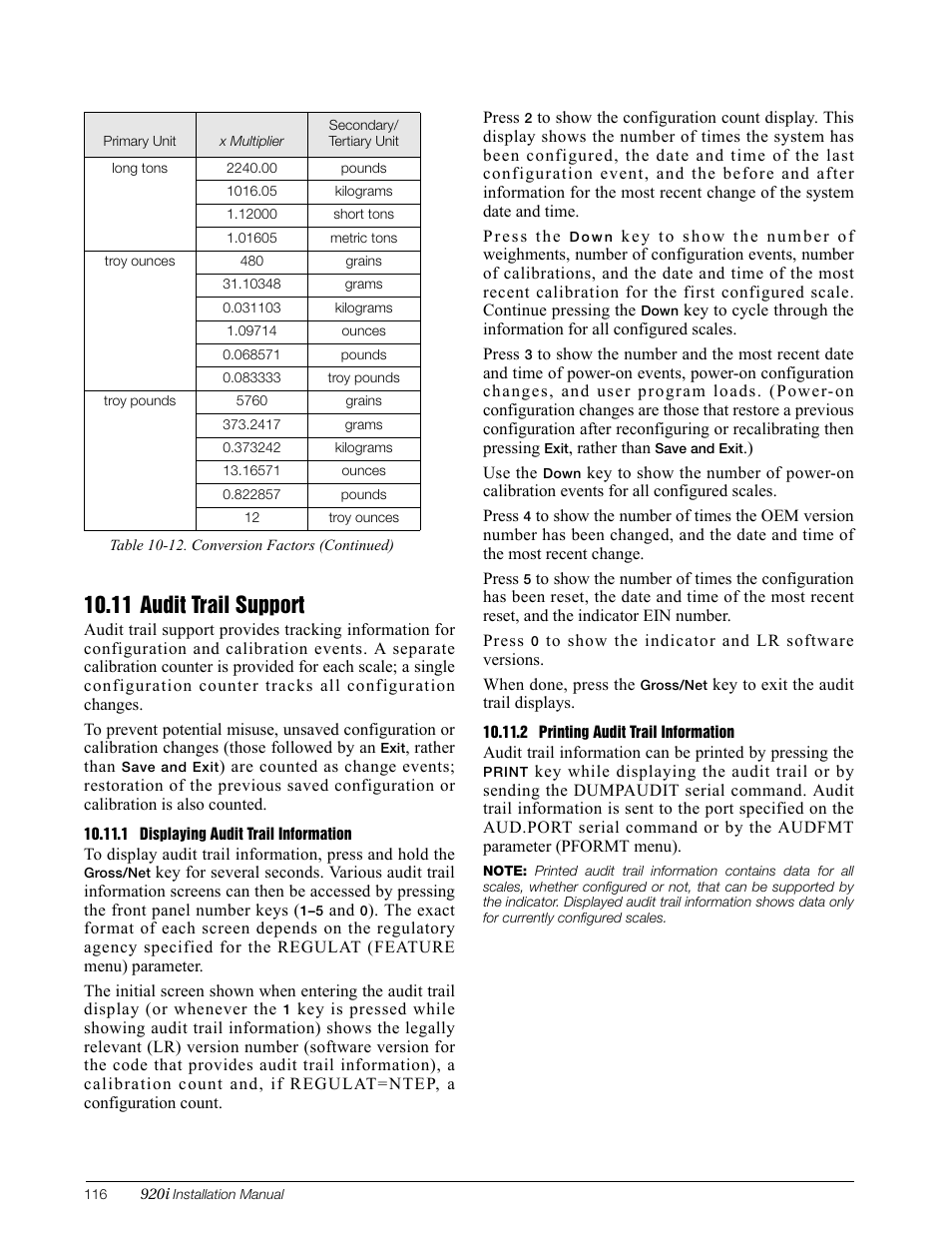 11 audit trail support, 1 displaying audit trail information, 2 printing audit trail information | Rice Lake 920i Installation Manual V3.05 User Manual | Page 122 / 130