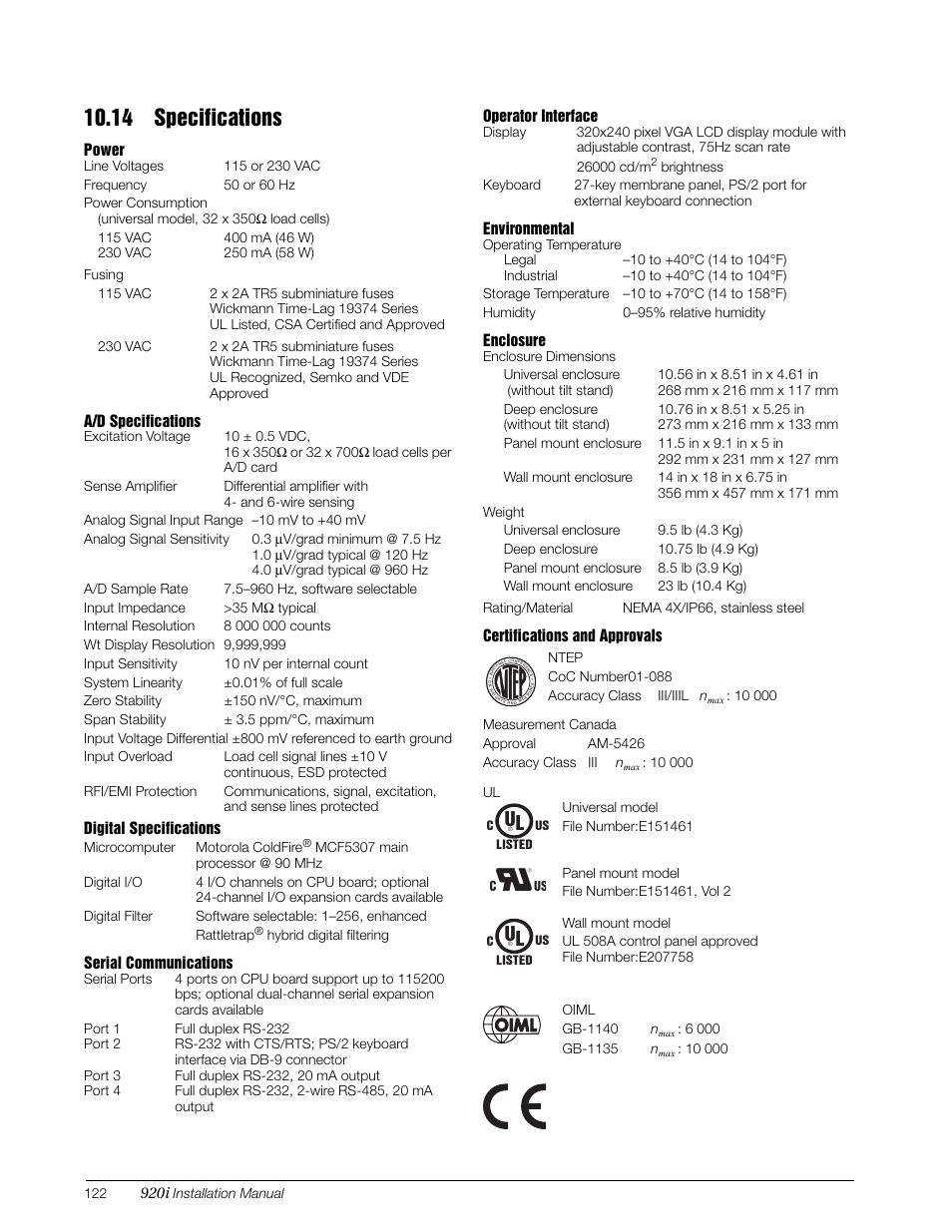 14 specifications | Rice Lake 920i Installation Manual V3.05 User Manual | Page 128 / 130