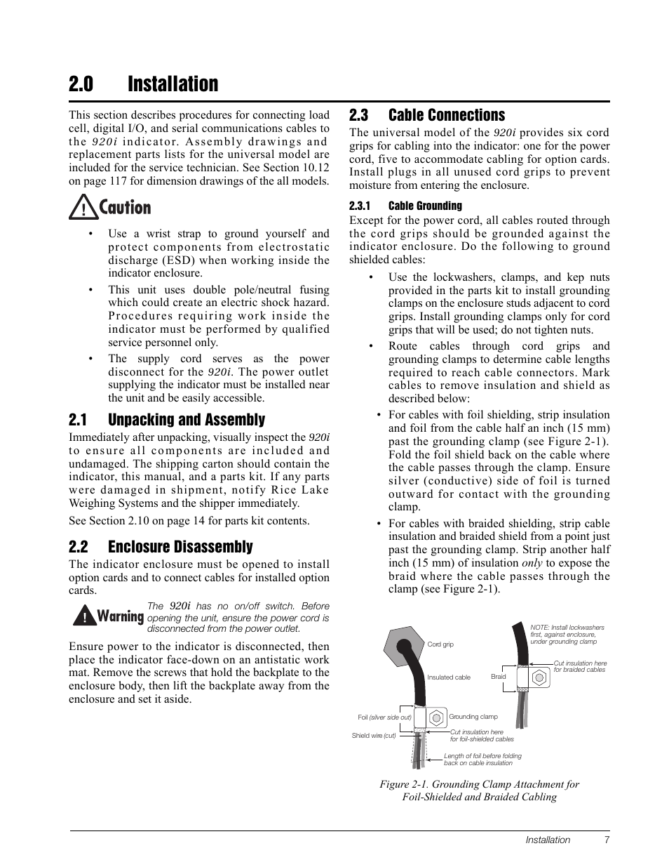 0 installation, 1 unpacking and assembly, 2 enclosure disassembly | 3 cable connections, 1 cable grounding, Installation, Cable grounding | Rice Lake 920i Installation Manual V3.05 User Manual | Page 13 / 130