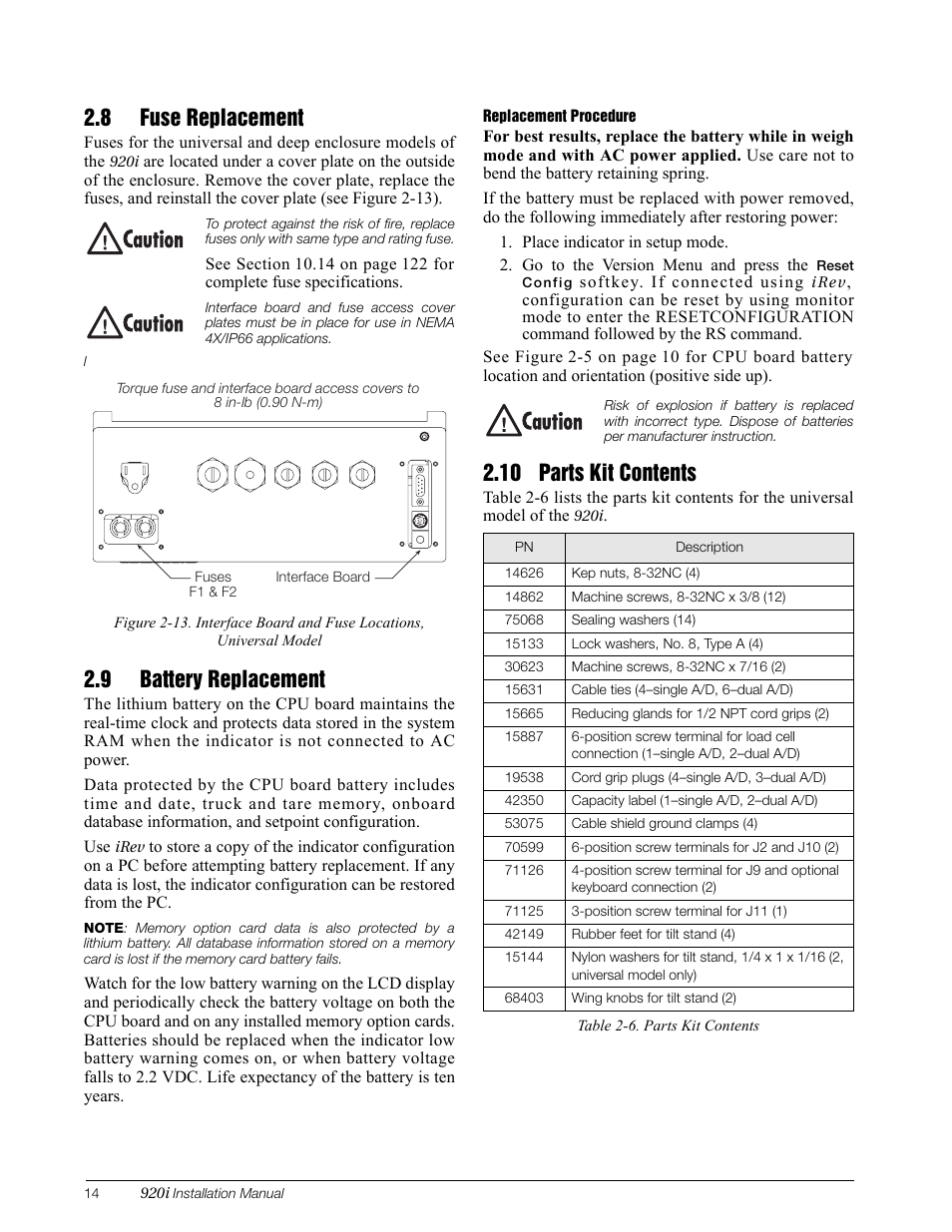 8 fuse replacement, 9 battery replacement, 10 parts kit contents | Rice Lake 920i Installation Manual V3.05 User Manual | Page 20 / 130