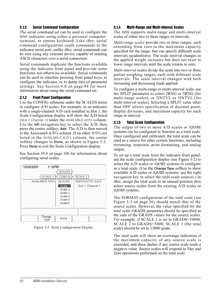 2 serial command configuration, 3 front panel configuration, 4 multi-range and multi-interval scales | 5 total scale configuration, Serial command configuration, Front panel configuration, Multi-range and multi-interval scales, Total scale configuration, Section 3.1.3 | Rice Lake 920i Installation Manual V3.05 User Manual | Page 26 / 130