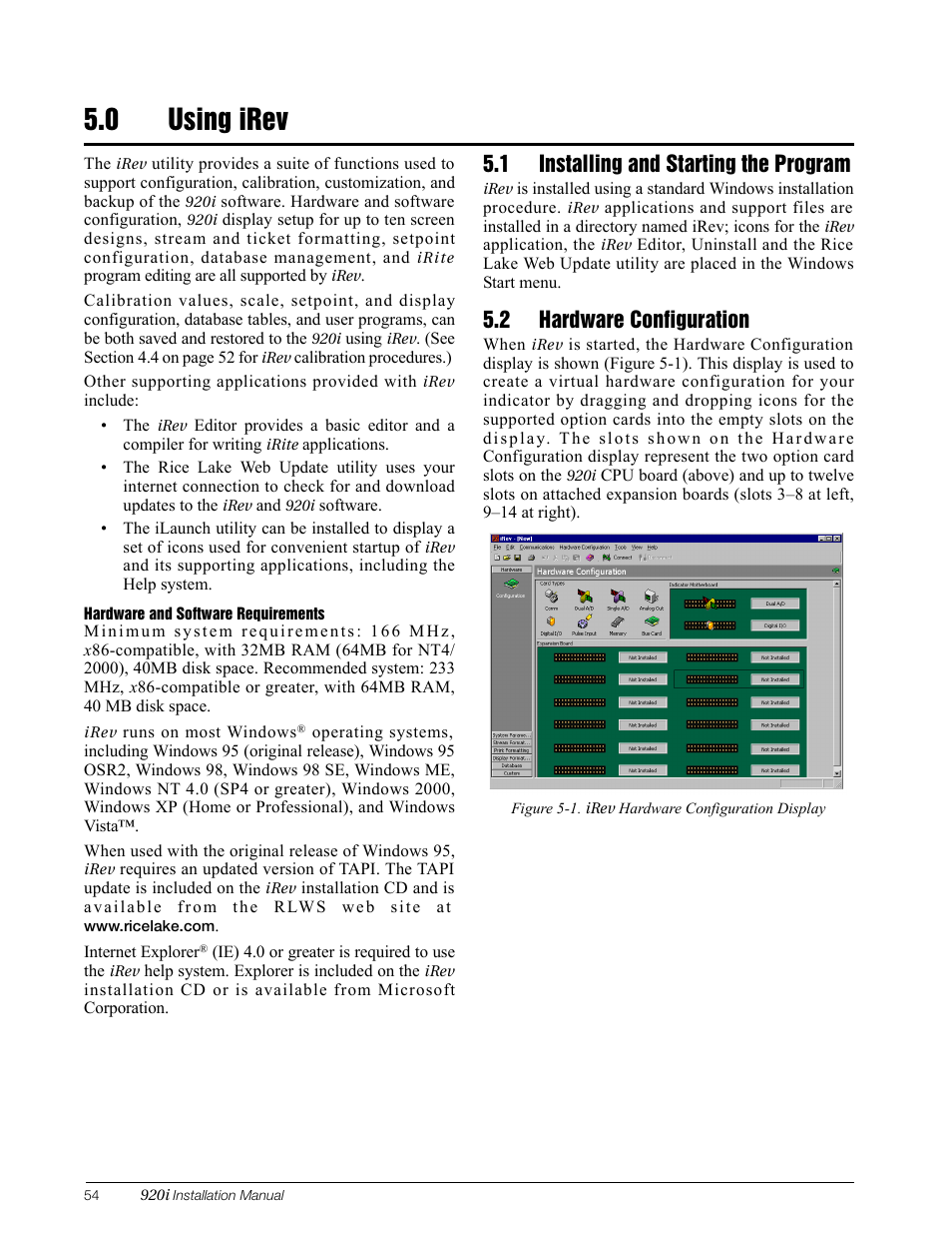 0 using irev, 1 installing and starting the program, 2 hardware configuration | 0 using, Irev, Section 5.0 on | Rice Lake 920i Installation Manual V3.05 User Manual | Page 60 / 130