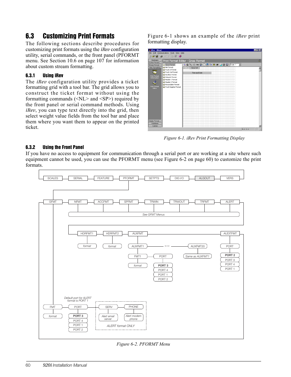 3 customizing print formats, 1 using irev, 2 using the front panel | Using irev, Using the front panel, Print formatting display | Rice Lake 920i Installation Manual V3.05 User Manual | Page 66 / 130