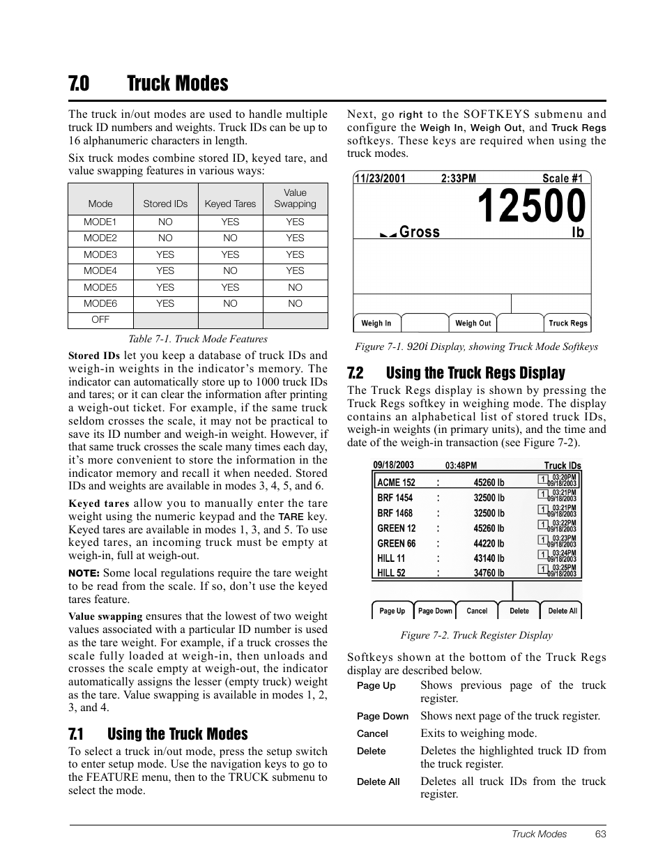 0 truck modes, 1 using the truck modes, 2 using the truck regs display | Truck modes | Rice Lake 920i Installation Manual V3.05 User Manual | Page 69 / 130