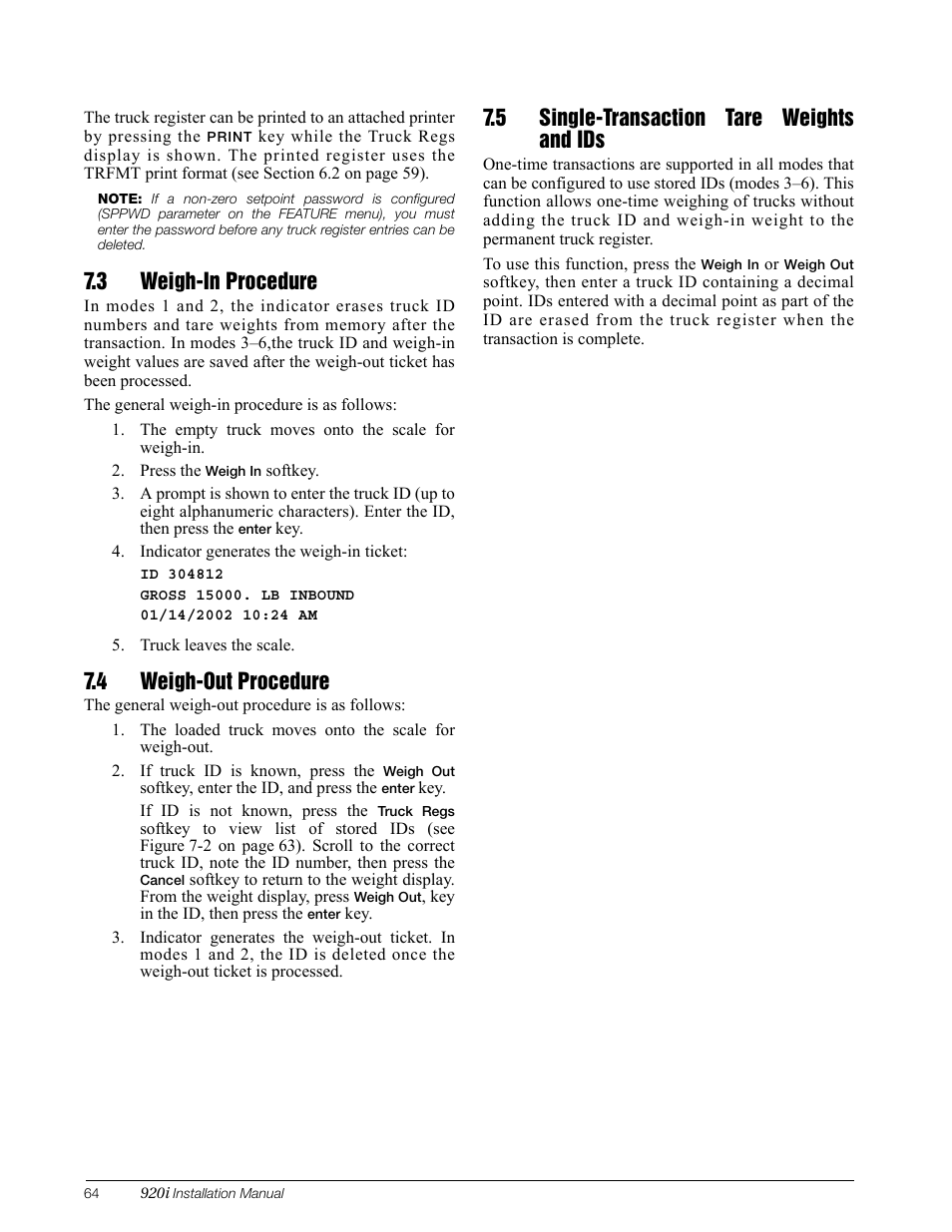 3 weigh-in procedure, 4 weigh-out procedure, 5 single-transaction tare weights and ids | Rice Lake 920i Installation Manual V3.05 User Manual | Page 70 / 130