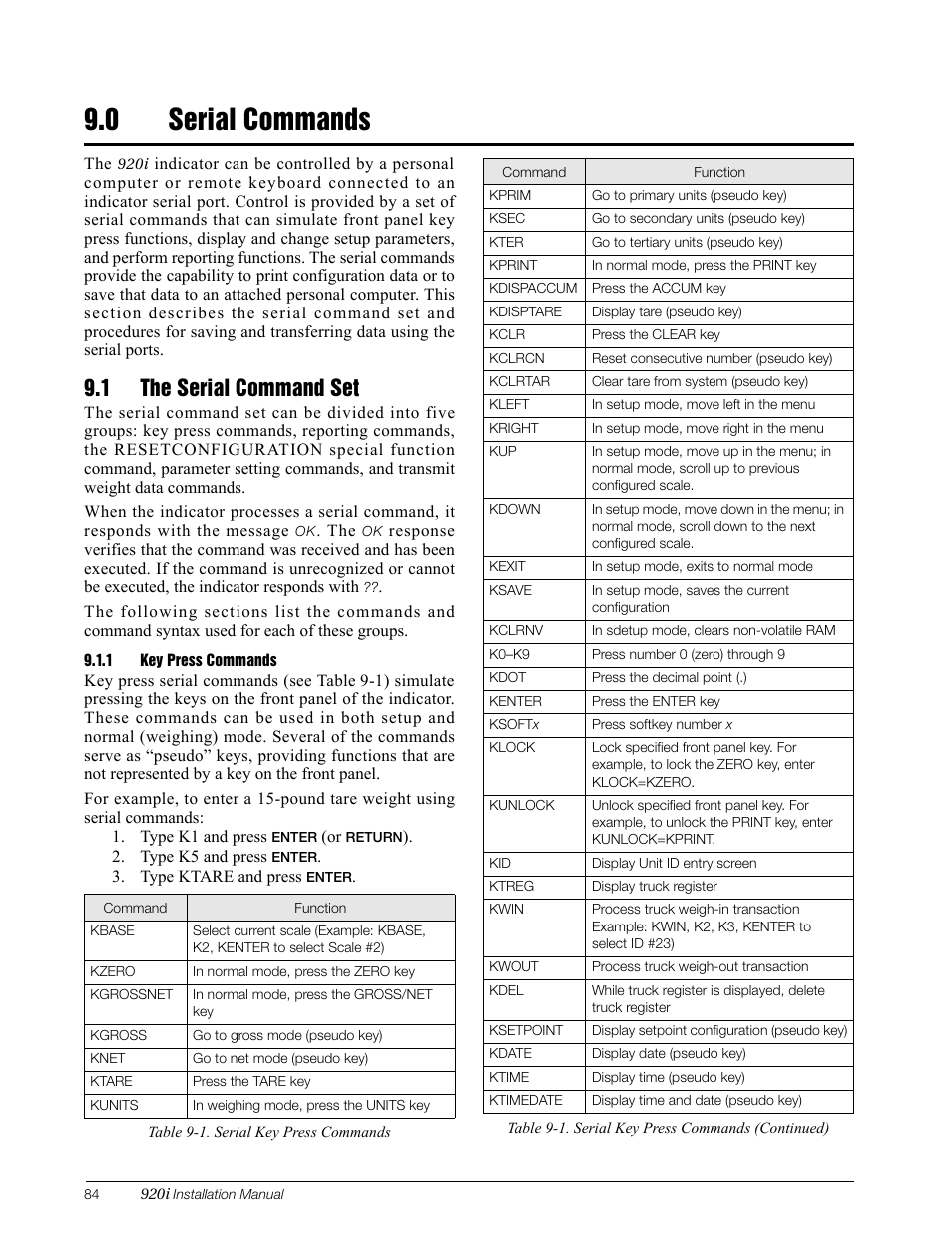 0 serial commands, 1 the serial command set, 1 key press commands | Serial commands, Key press commands, Section 9.0, Section 9.0 on | Rice Lake 920i Installation Manual V3.05 User Manual | Page 90 / 130