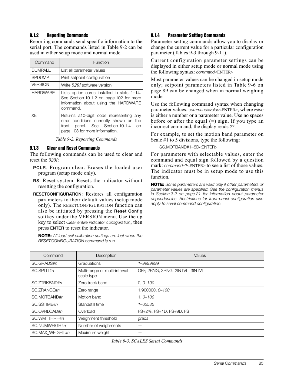 2 reporting commands, 3 clear and reset commands, 4 parameter setting commands | Reporting commands, Clear and reset commands, Parameter setting commands | Rice Lake 920i Installation Manual V3.05 User Manual | Page 91 / 130