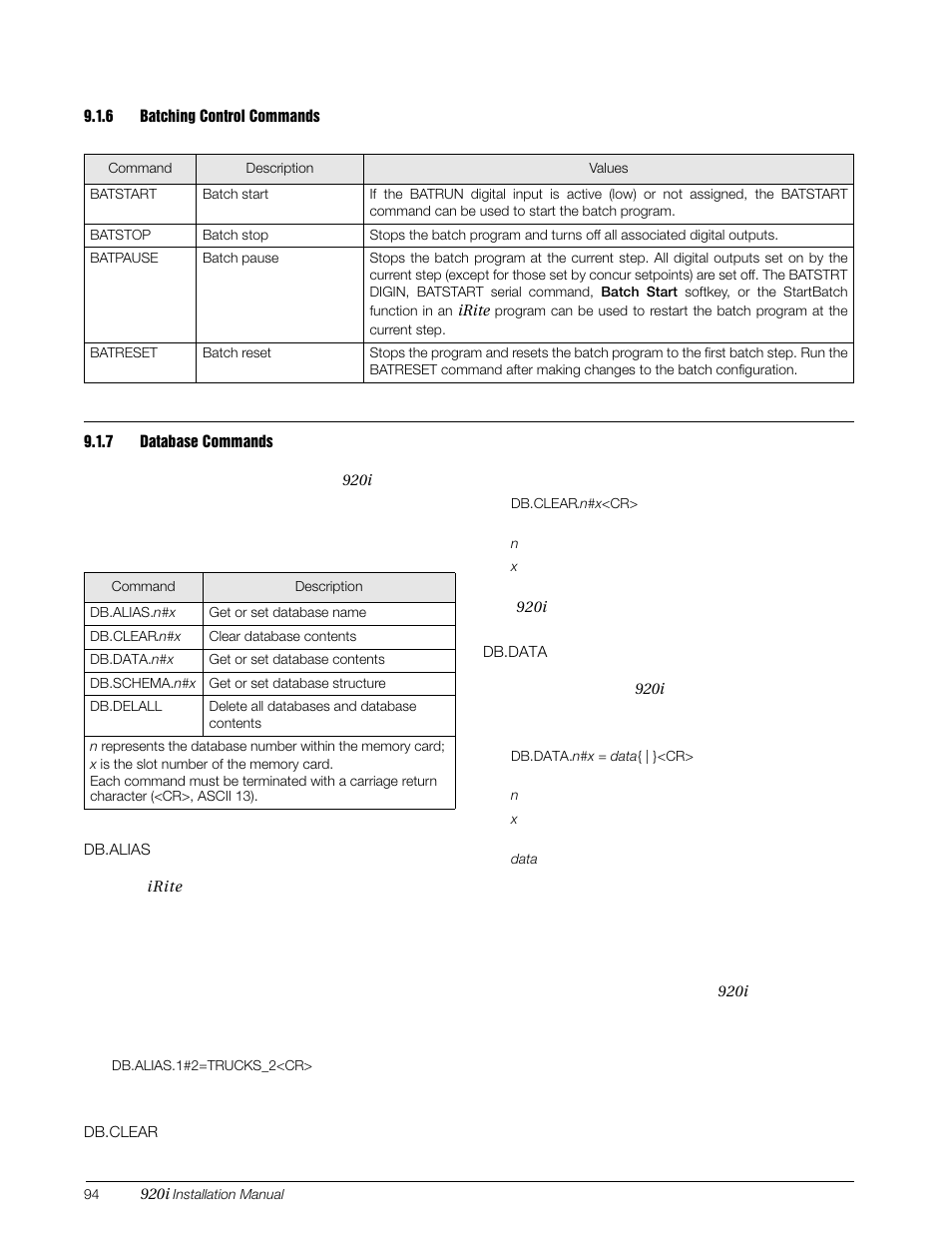6 batching control commands, 7 database commands, Batching control commands | Database commands | Rice Lake 920i Installation Manual V3.07 User Manual | Page 100 / 130