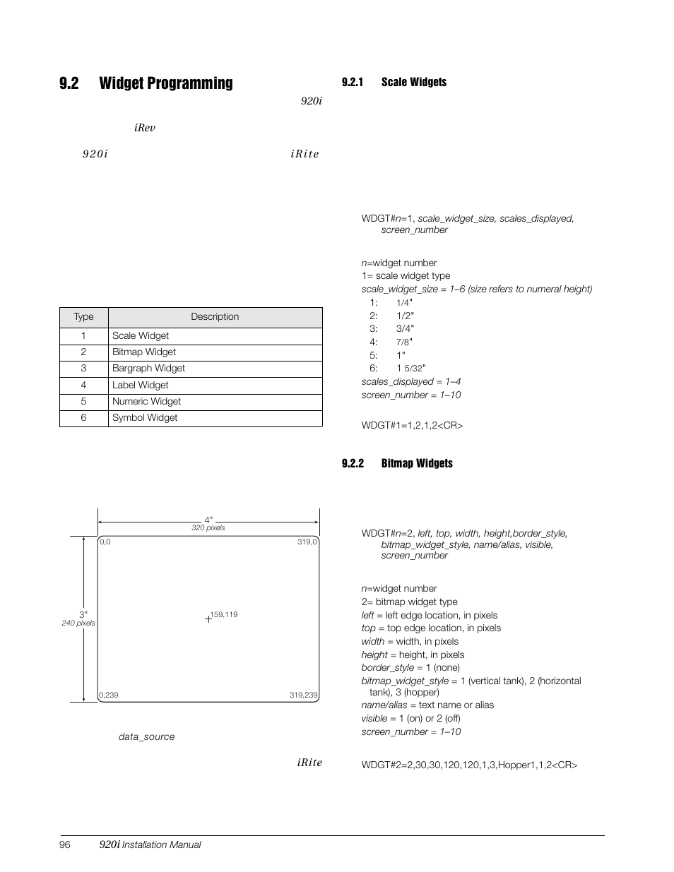 2 widget programming, 1 scale widgets, 2 bitmap widgets | Scale widgets, Bitmap widgets | Rice Lake 920i Installation Manual V3.07 User Manual | Page 102 / 130