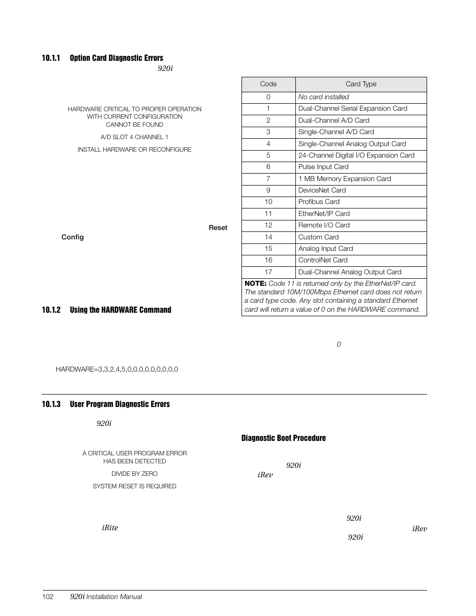 1 option card diagnostic errors, 2 using the hardware command, 3 user program diagnostic errors | Option card diagnostic errors, Using the hardware command, User program diagnostic errors | Rice Lake 920i Installation Manual V3.07 User Manual | Page 108 / 130