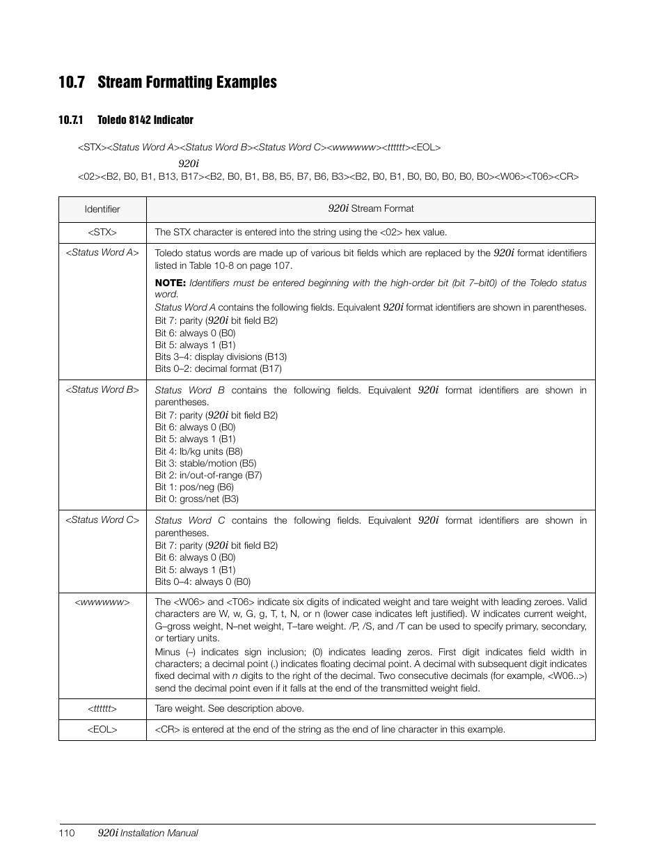 7 stream formatting examples, 1 toledo 8142 indicator, Toledo 8142 indicator | Rice Lake 920i Installation Manual V3.07 User Manual | Page 116 / 130