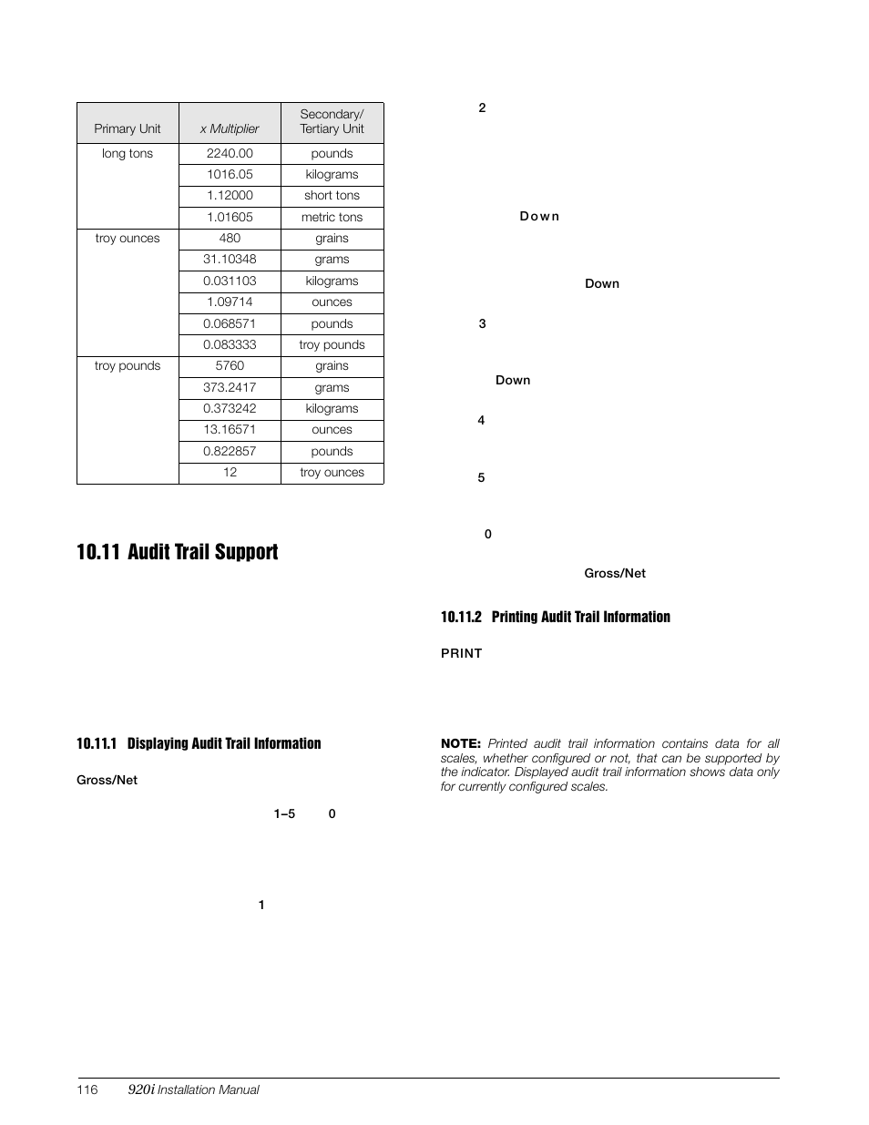 11 audit trail support, 1 displaying audit trail information, 2 printing audit trail information | Rice Lake 920i Installation Manual V3.07 User Manual | Page 122 / 130