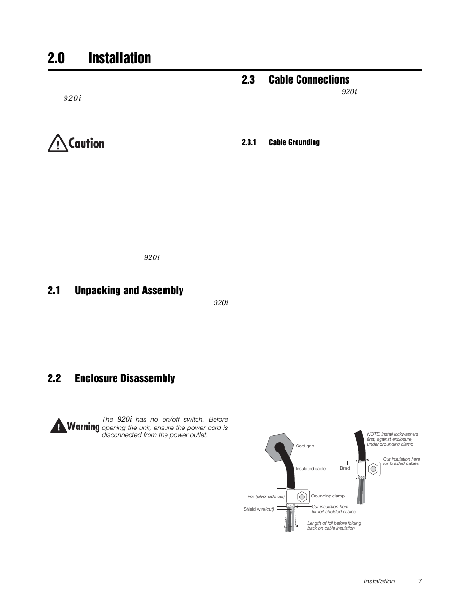 0 installation, 1 unpacking and assembly, 2 enclosure disassembly | 3 cable connections, 1 cable grounding, Installation, Cable grounding | Rice Lake 920i Installation Manual V3.07 User Manual | Page 13 / 130