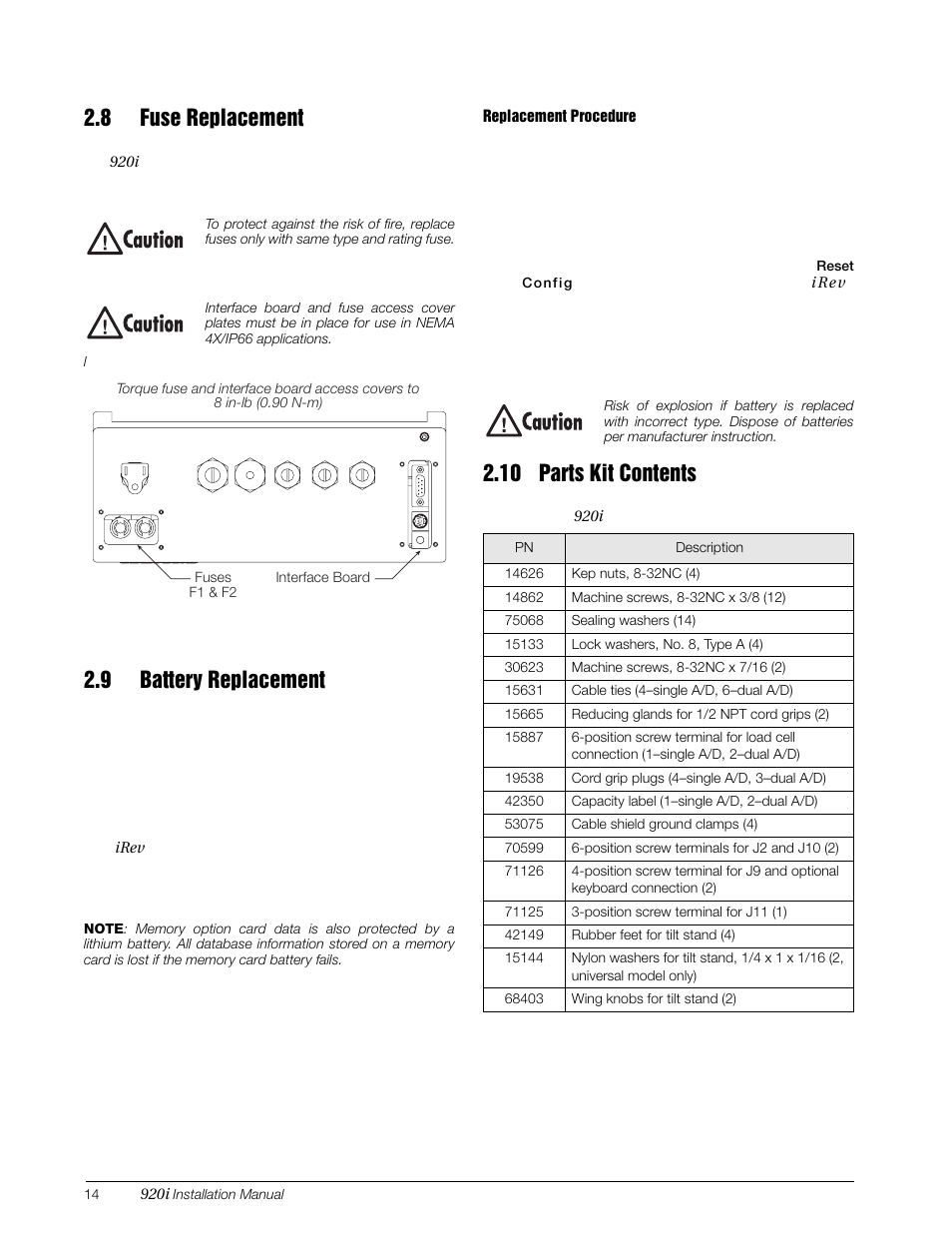 8 fuse replacement, 9 battery replacement, 10 parts kit contents | Rice Lake 920i Installation Manual V3.07 User Manual | Page 20 / 130