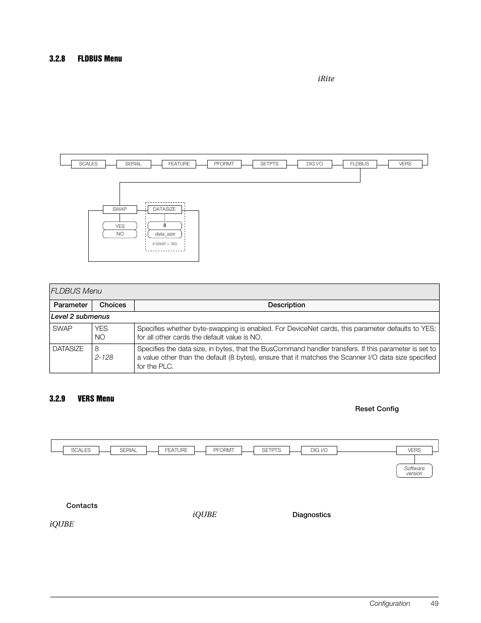 8 fldbus menu, 9 vers menu, Fldbus menu | Vers menu, S e c t i o n 3 . 2 . 8 o n p a g e 4 9, Scale is configured, a, Softkey also provides access to, Diagnostic information | Rice Lake 920i Installation Manual V3.07 User Manual | Page 55 / 130