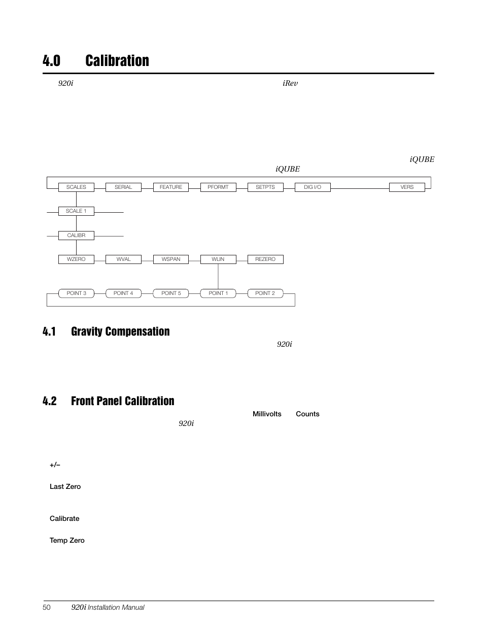 0 calibration, 1 gravity compensation, 2 front panel calibration | 1 gravity compensation 4.2 front panel calibration | Rice Lake 920i Installation Manual V3.07 User Manual | Page 56 / 130