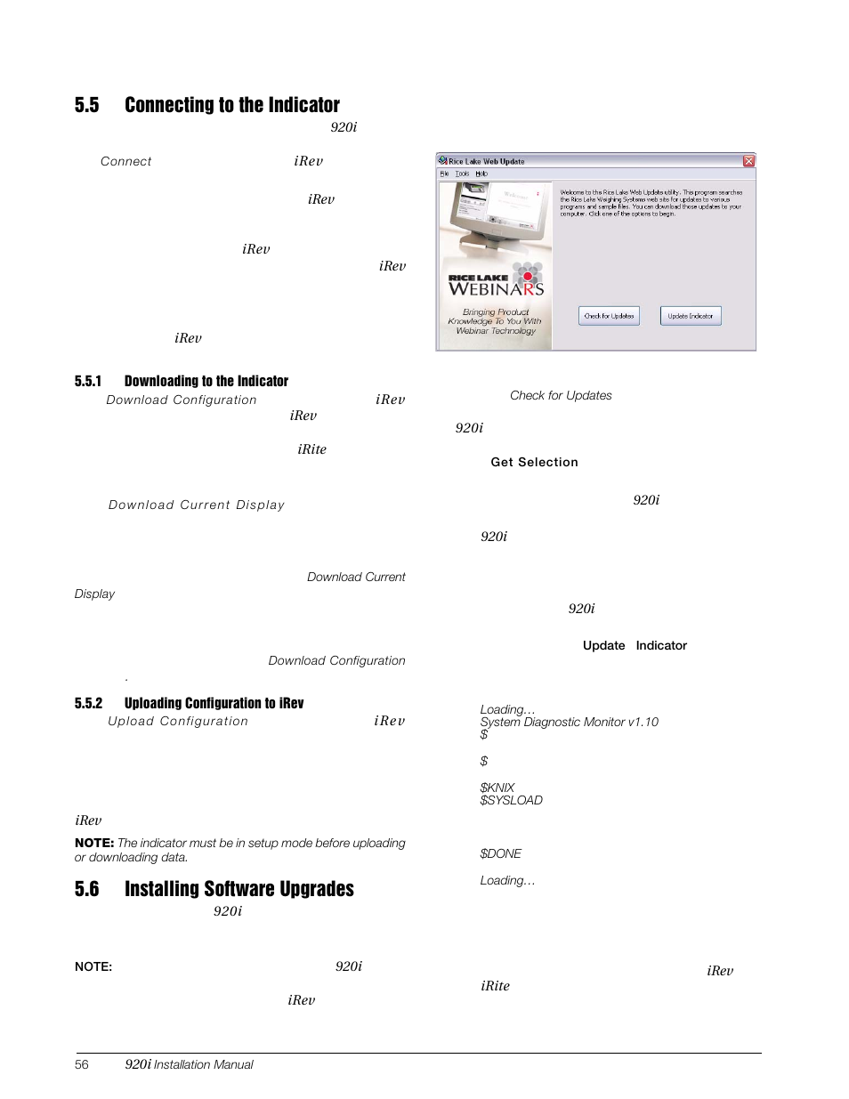 5 connecting to the indicator, 1 downloading to the indicator, 2 uploading configuration to irev | 6 installing software upgrades, Downloading to the indicator, Uploading configuration to irev | Rice Lake 920i Installation Manual V3.07 User Manual | Page 62 / 130