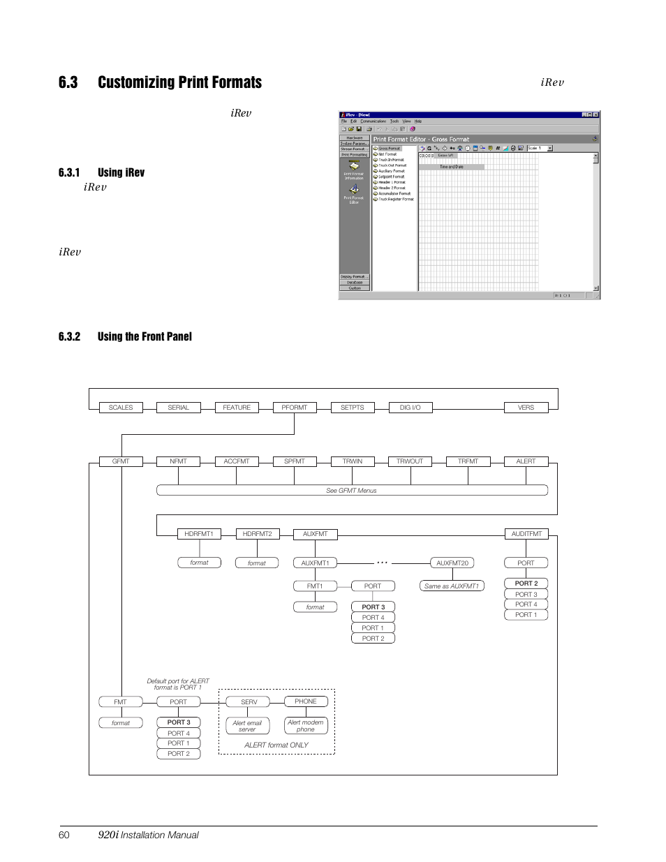 3 customizing print formats, 1 using irev, 2 using the front panel | Using irev, Using the front panel, Print formatting display, 920i, Irev, Figure 6-2. pformt menu | Rice Lake 920i Installation Manual V3.07 User Manual | Page 66 / 130