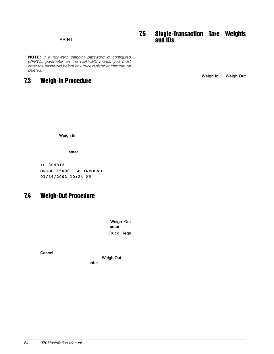 3 weigh-in procedure, 4 weigh-out procedure, 5 single-transaction tare weights and ids | Rice Lake 920i Installation Manual V3.07 User Manual | Page 70 / 130