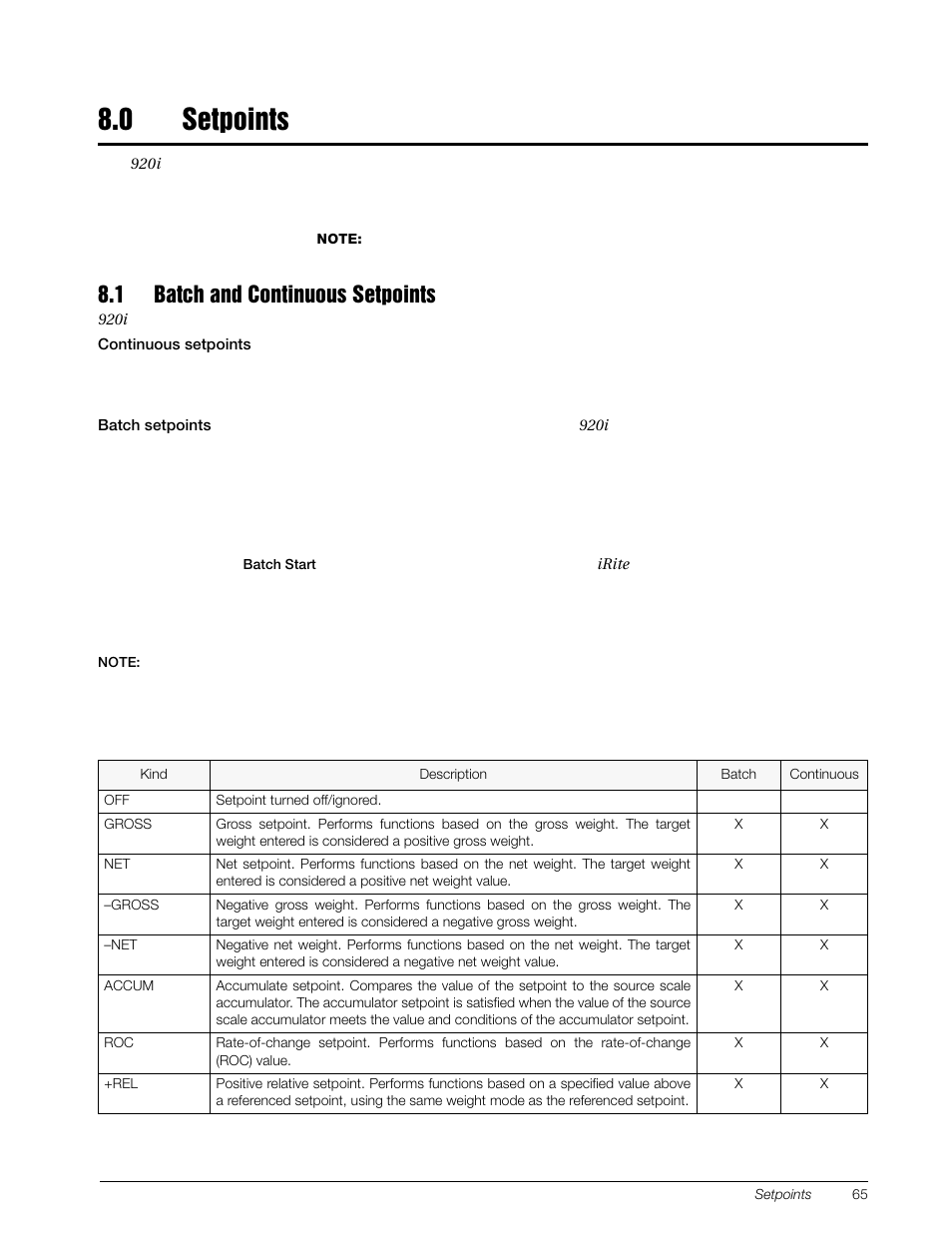 0 setpoints, 1 batch and continuous setpoints, Setpoints | Rice Lake 920i Installation Manual V3.07 User Manual | Page 71 / 130