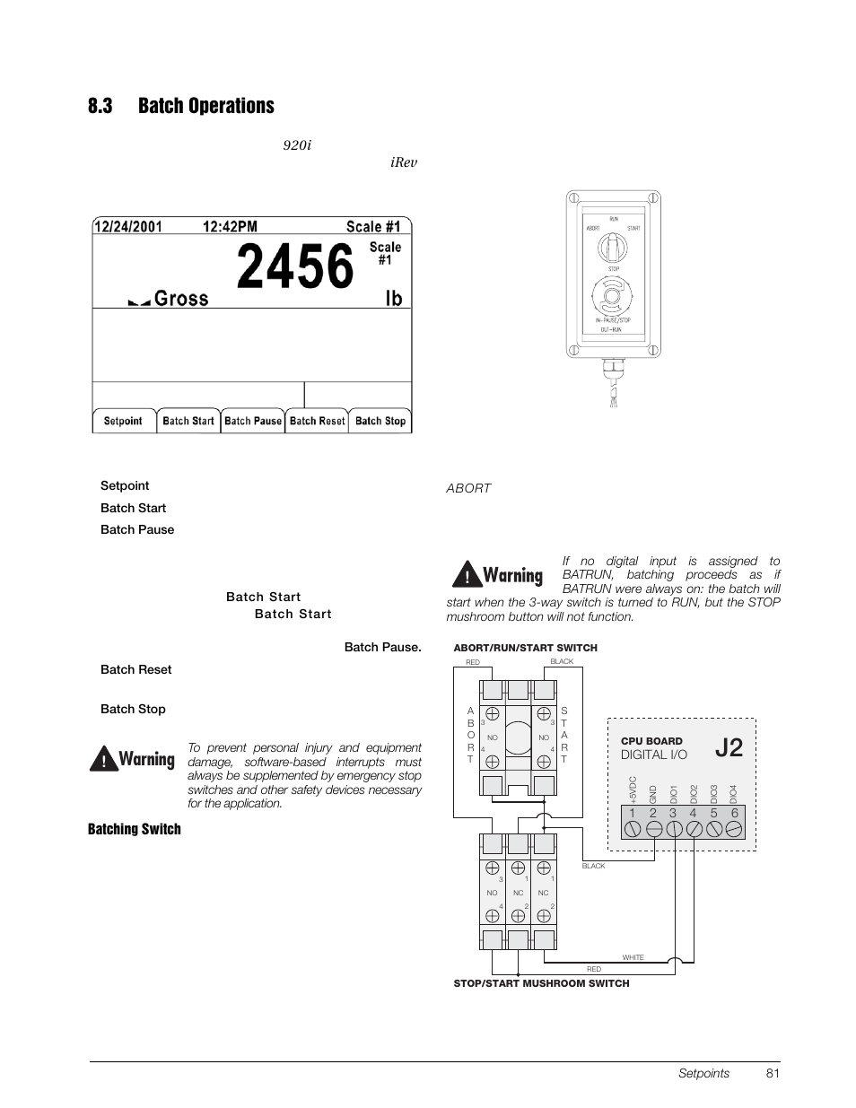 3 batch operations, Warning, Display or change assigned setpoints | Starts batch process, Is pressed again. pressing | Rice Lake 920i Installation Manual V3.07 User Manual | Page 87 / 130