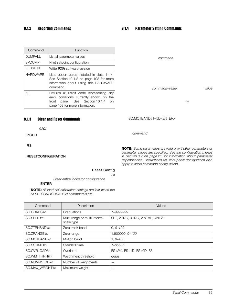 2 reporting commands, 3 clear and reset commands, 4 parameter setting commands | Reporting commands, Clear and reset commands, Parameter setting commands | Rice Lake 920i Installation Manual V3.07 User Manual | Page 91 / 130