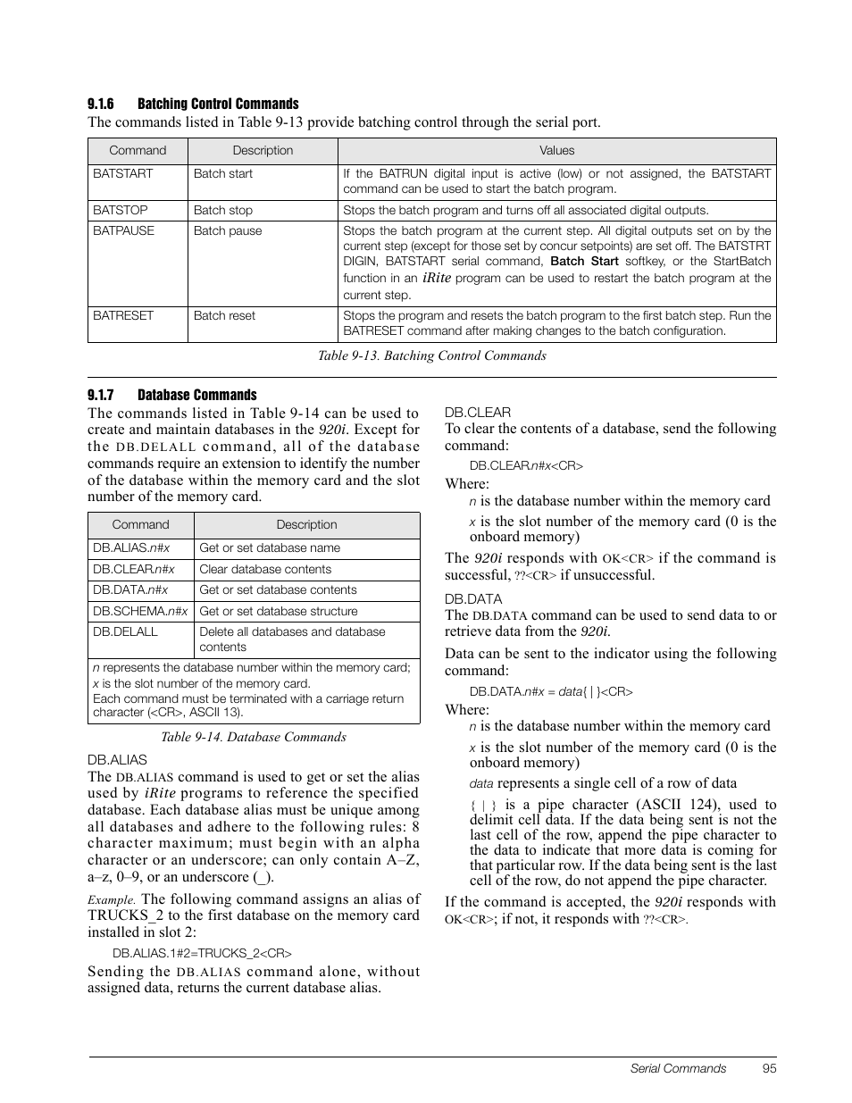 6 batching control commands, 7 database commands, Batching control commands | Database commands | Rice Lake 920i Installation Manual V3.08 User Manual | Page 101 / 130