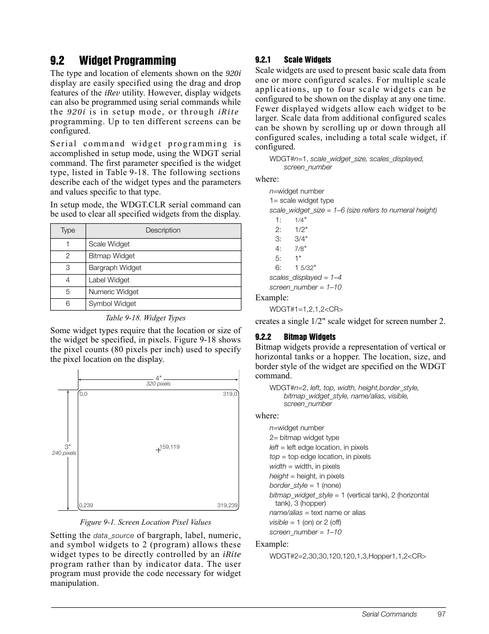 2 widget programming, 1 scale widgets, 2 bitmap widgets | Scale widgets, Bitmap widgets | Rice Lake 920i Installation Manual V3.08 User Manual | Page 103 / 130