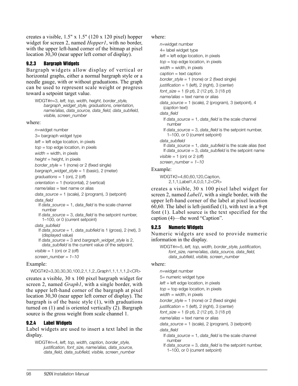 3 bargraph widgets, 4 label widgets, 5 numeric widgets | Bargraph widgets, Label widgets, Numeric widgets | Rice Lake 920i Installation Manual V3.08 User Manual | Page 104 / 130