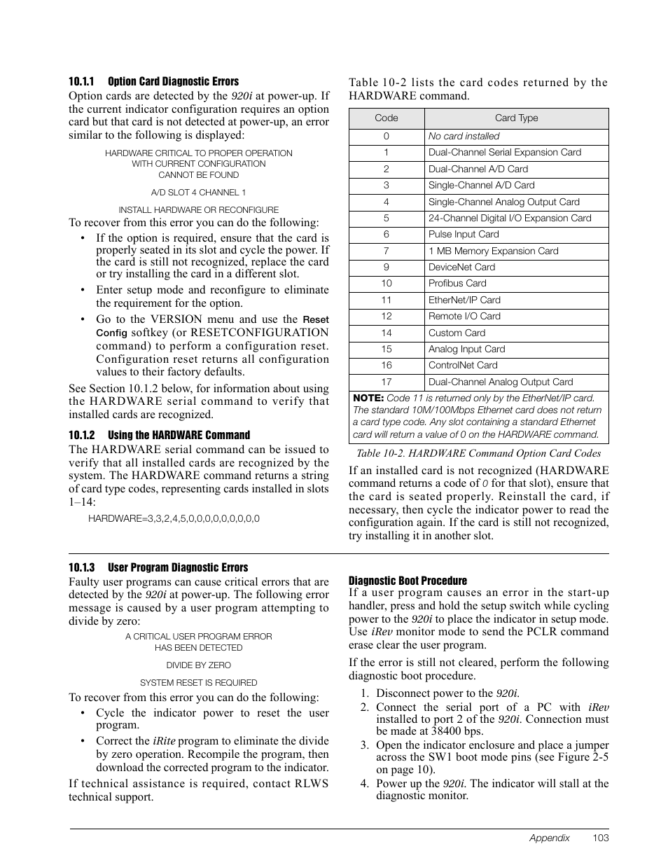 1 option card diagnostic errors, 2 using the hardware command, 3 user program diagnostic errors | Option card diagnostic errors, Using the hardware command, User program diagnostic errors | Rice Lake 920i Installation Manual V3.08 User Manual | Page 109 / 130