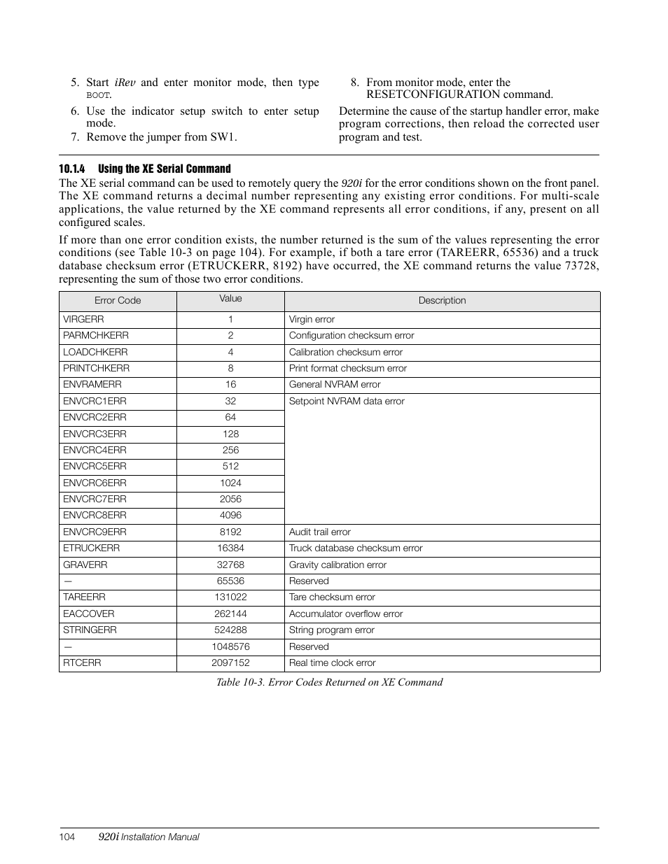 4 using the xe serial command, Using the xe serial command, Dated (see table 10-3 | Rice Lake 920i Installation Manual V3.08 User Manual | Page 110 / 130