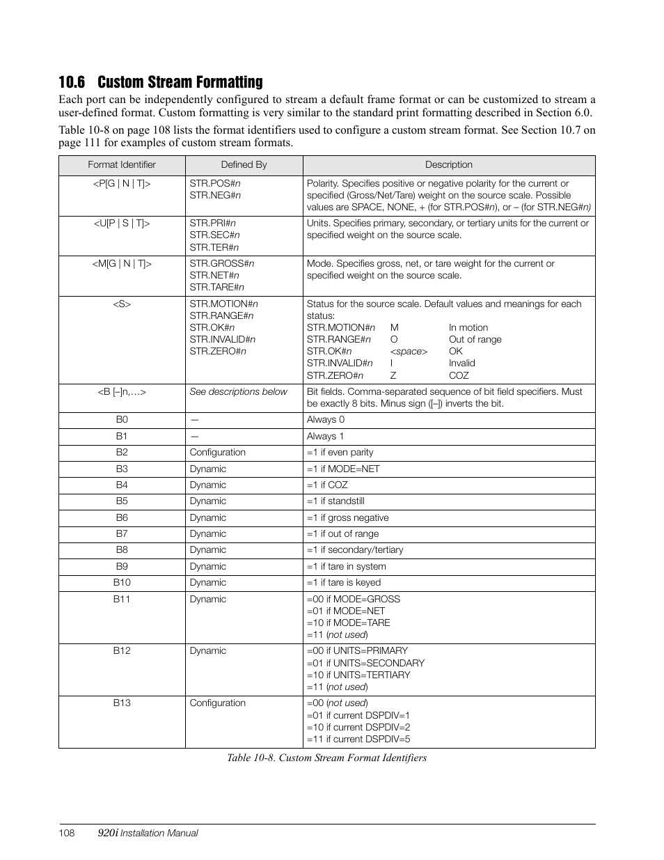 6 custom stream formatting, Table 10-8 on | Rice Lake 920i Installation Manual V3.08 User Manual | Page 114 / 130