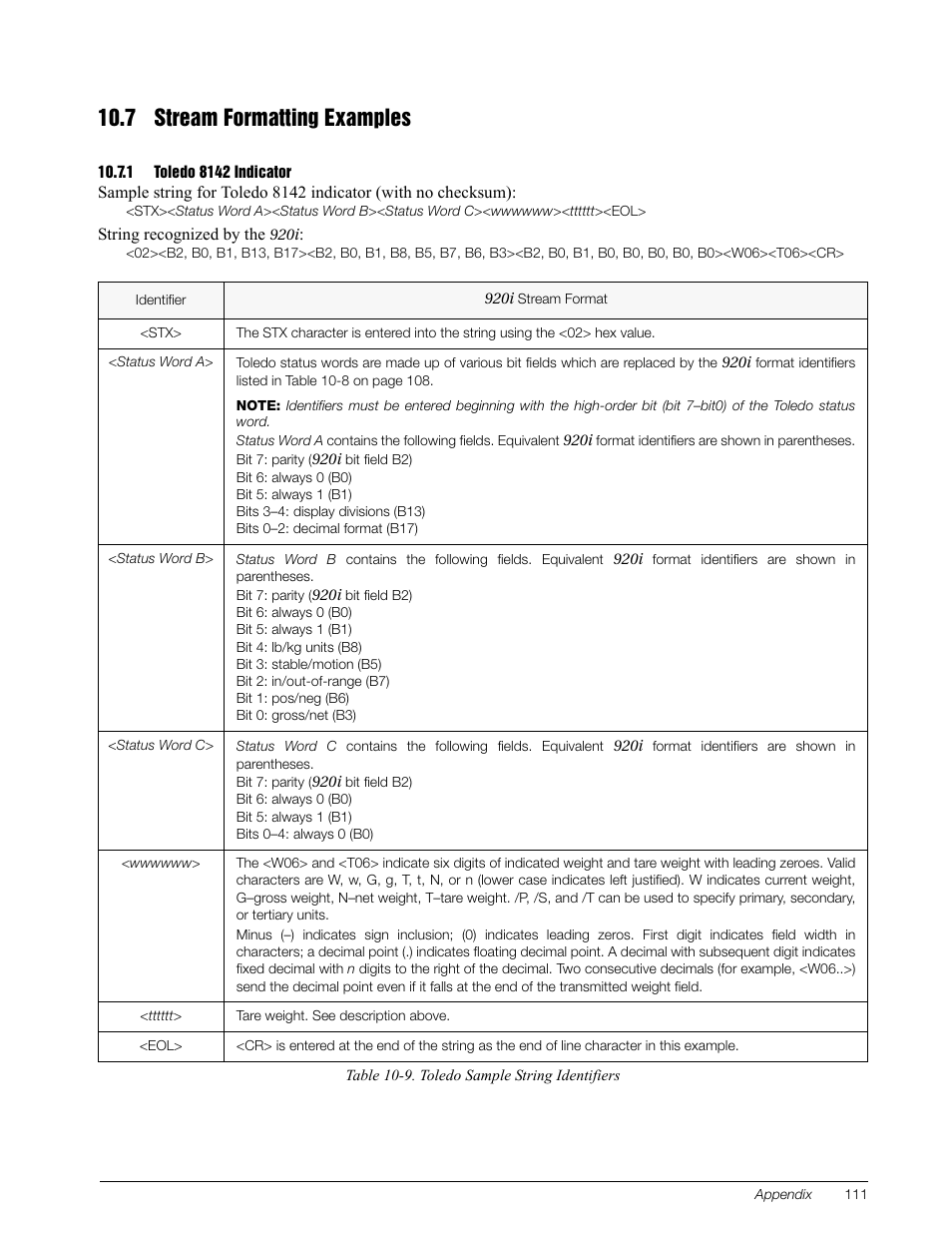 7 stream formatting examples, 1 toledo 8142 indicator, Toledo 8142 indicator | Section 10.7 on | Rice Lake 920i Installation Manual V3.08 User Manual | Page 117 / 130