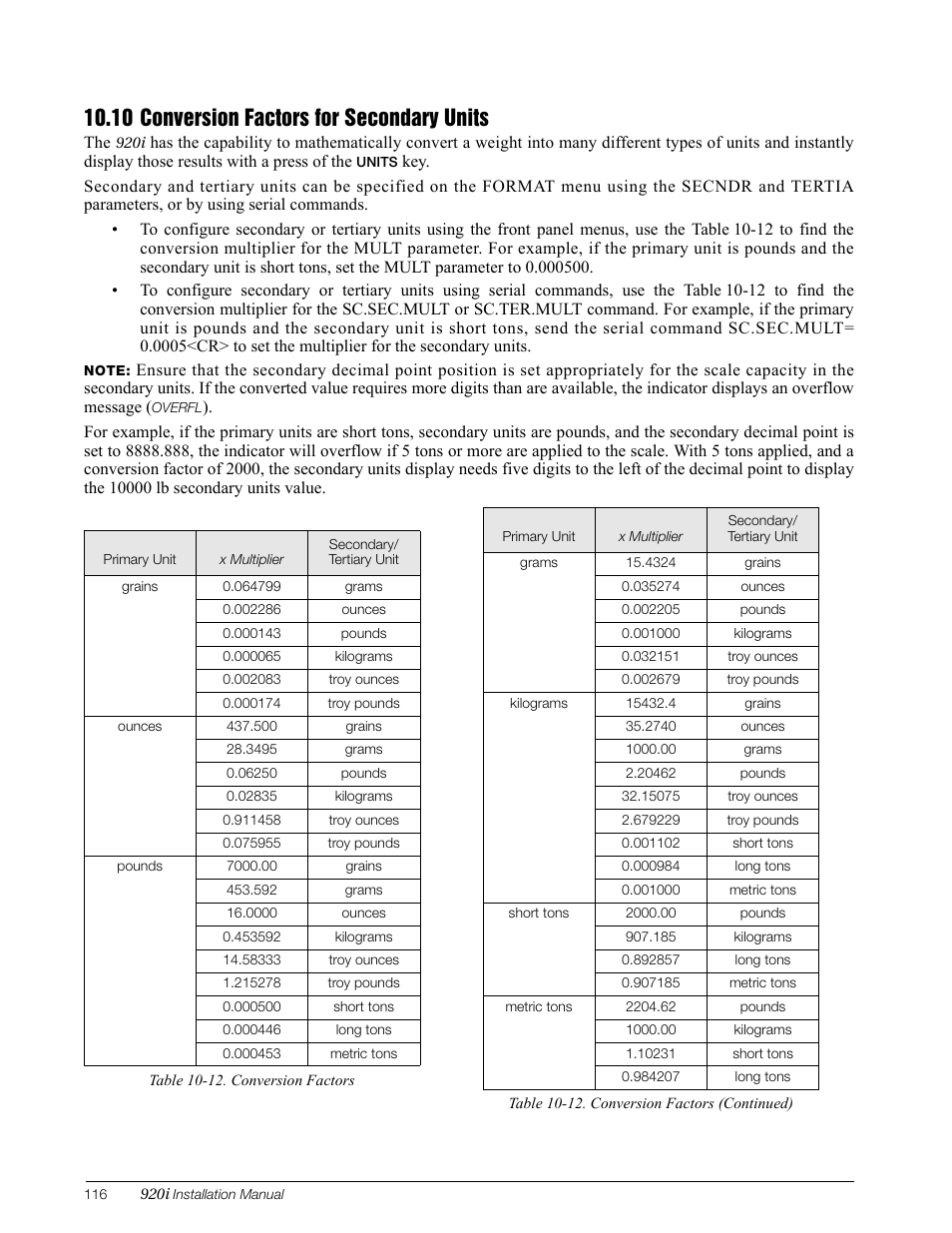 10 conversion factors for secondary units | Rice Lake 920i Installation Manual V3.08 User Manual | Page 122 / 130