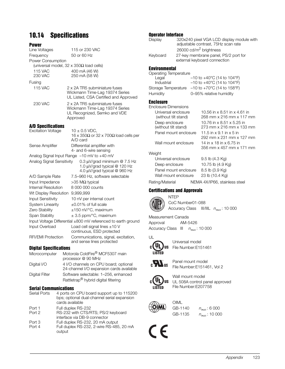 14 specifications | Rice Lake 920i Installation Manual V3.08 User Manual | Page 129 / 130