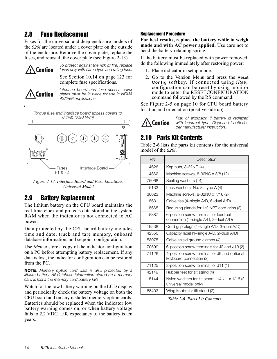 8 fuse replacement, 9 battery replacement, 10 parts kit contents | Rice Lake 920i Installation Manual V3.08 User Manual | Page 20 / 130