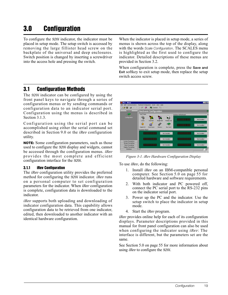 0 configuration, 1 configuration methods, 1 irev configuration | Configuration, Irev configuration | Rice Lake 920i Installation Manual V3.08 User Manual | Page 25 / 130