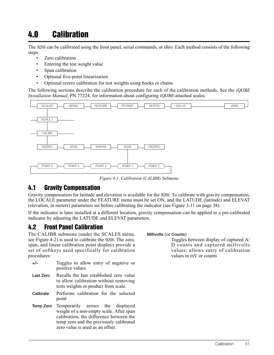 0 calibration, 1 gravity compensation, 2 front panel calibration | 1 gravity compensation 4.2 front panel calibration | Rice Lake 920i Installation Manual V3.08 User Manual | Page 57 / 130