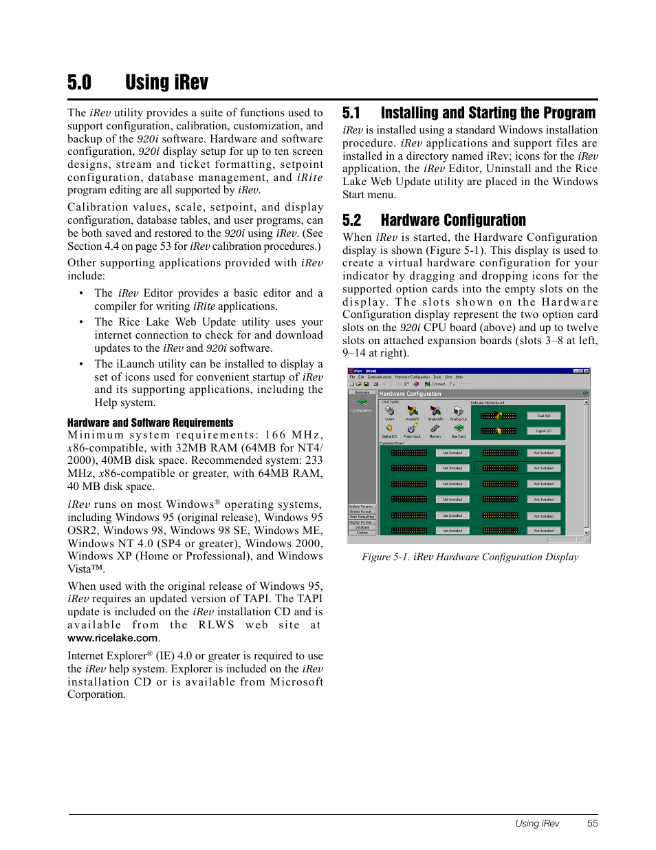 0 using irev, 1 installing and starting the program, 2 hardware configuration | Using irev, Section 5.0 on | Rice Lake 920i Installation Manual V3.08 User Manual | Page 61 / 130