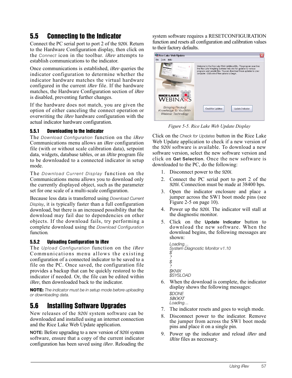 5 connecting to the indicator, 1 downloading to the indicator, 2 uploading configuration to irev | 6 installing software upgrades, Downloading to the indicator, Uploading configuration to irev | Rice Lake 920i Installation Manual V3.08 User Manual | Page 63 / 130
