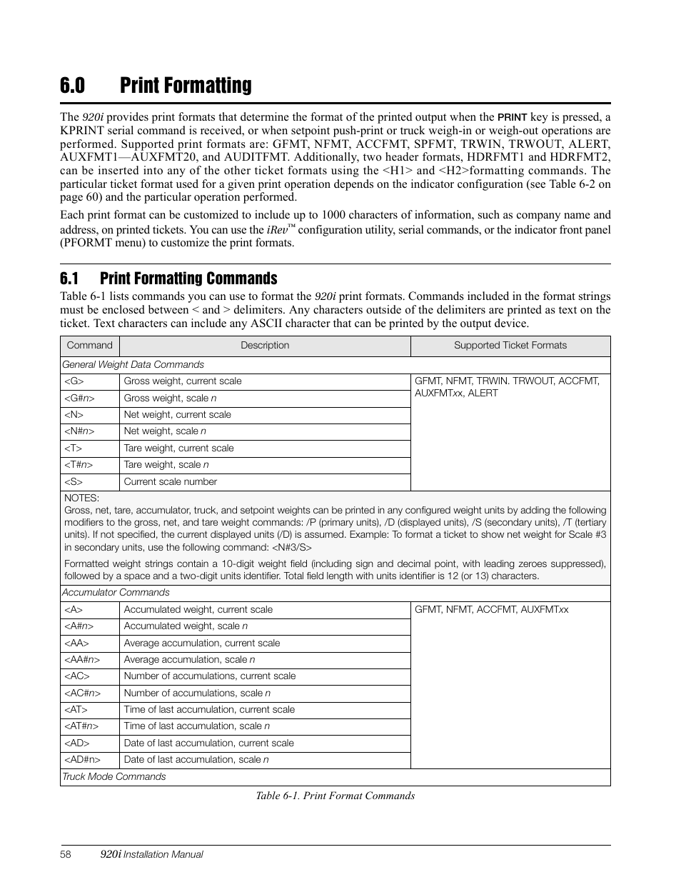 0 print formatting, 1 print formatting commands, Print formatting | Rice Lake 920i Installation Manual V3.08 User Manual | Page 64 / 130