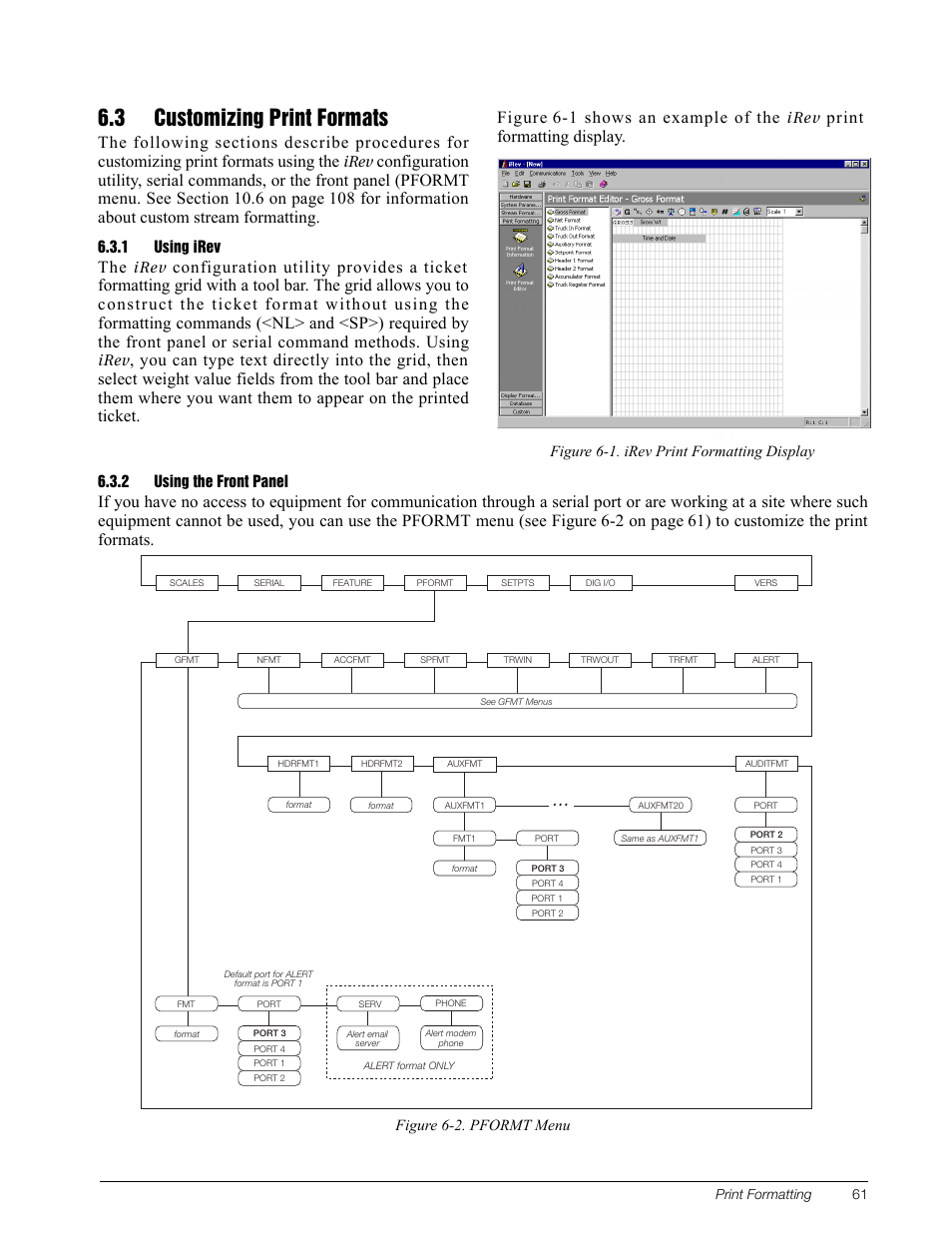 3 customizing print formats, 1 using irev, 2 using the front panel | Using irev, Using the front panel, Print formatting display | Rice Lake 920i Installation Manual V3.08 User Manual | Page 67 / 130