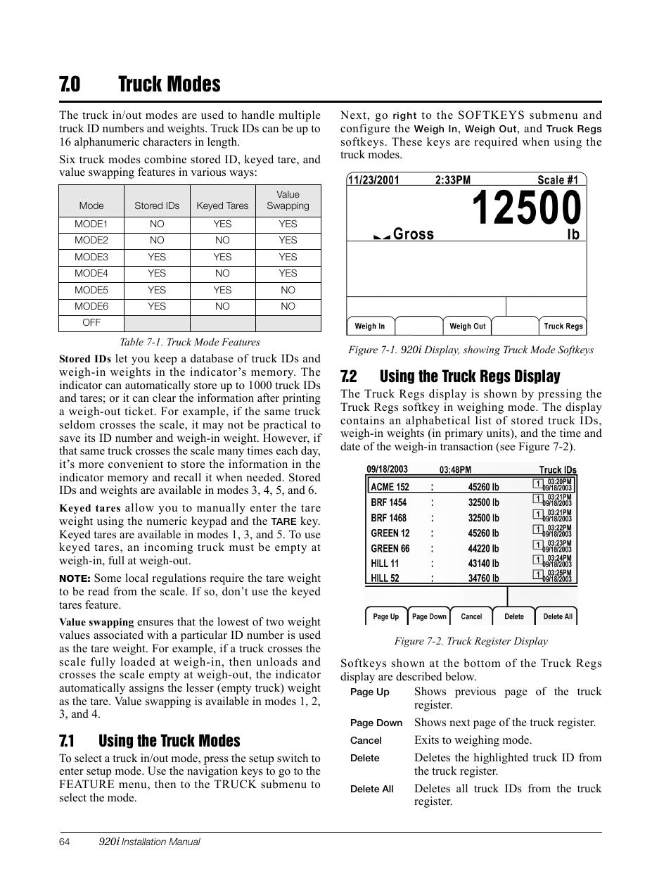 0 truck modes, 1 using the truck modes, 2 using the truck regs display | Truck modes | Rice Lake 920i Installation Manual V3.08 User Manual | Page 70 / 130