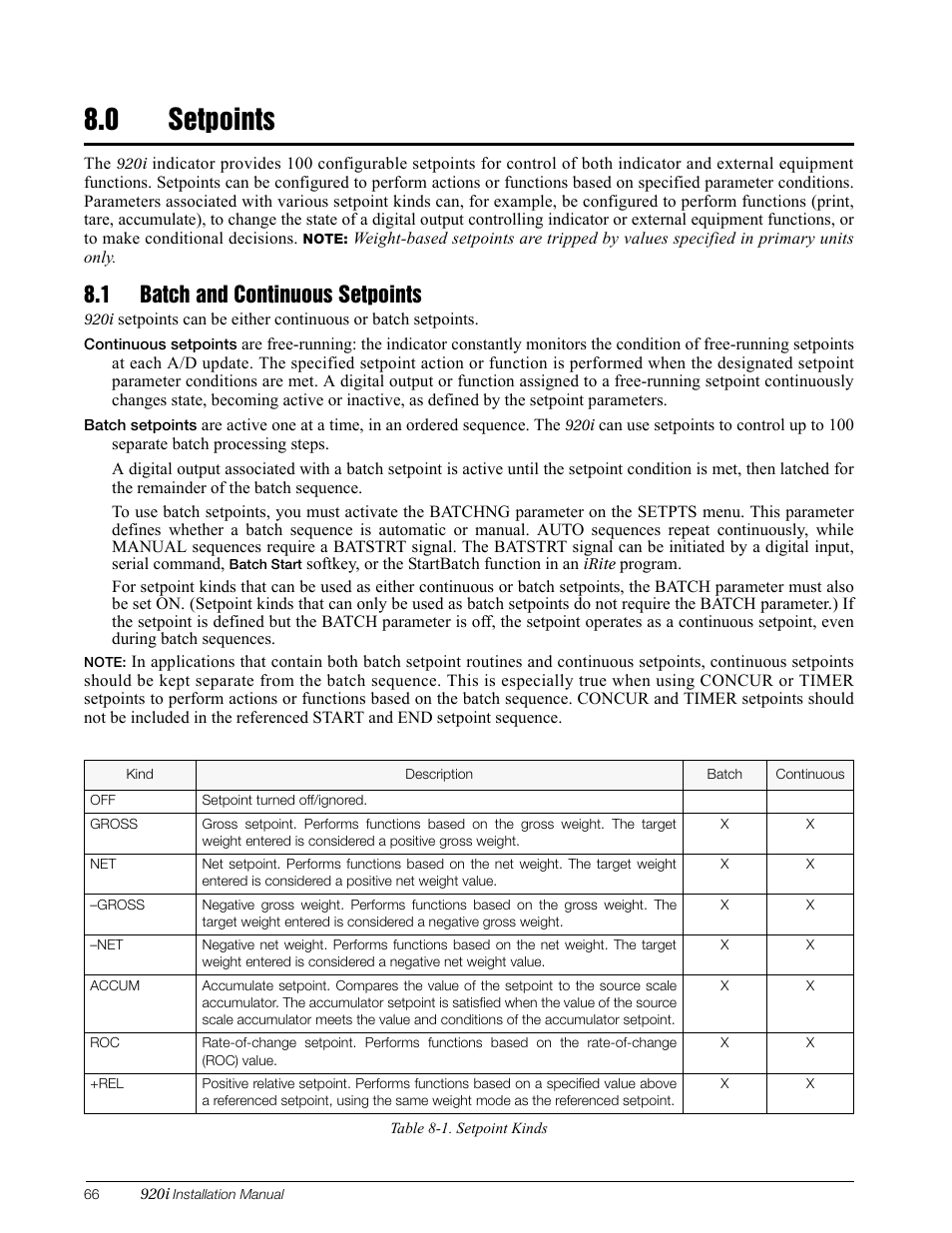 0 setpoints, 1 batch and continuous setpoints, Setpoints | Rice Lake 920i Installation Manual V3.08 User Manual | Page 72 / 130