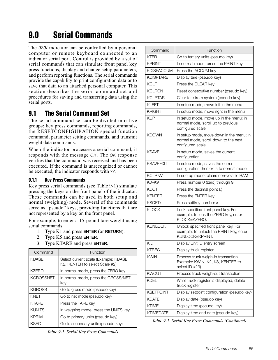 0 serial commands, 1 the serial command set, 1 key press commands | Serial commands, Key press commands, Section 9.0, Section 9.0 on | Rice Lake 920i Installation Manual V3.08 User Manual | Page 91 / 130