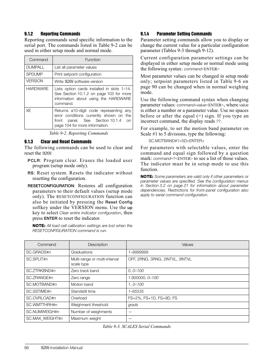 2 reporting commands, 3 clear and reset commands, 4 parameter setting commands | Reporting commands, Clear and reset commands, Parameter setting commands | Rice Lake 920i Installation Manual V3.08 User Manual | Page 92 / 130